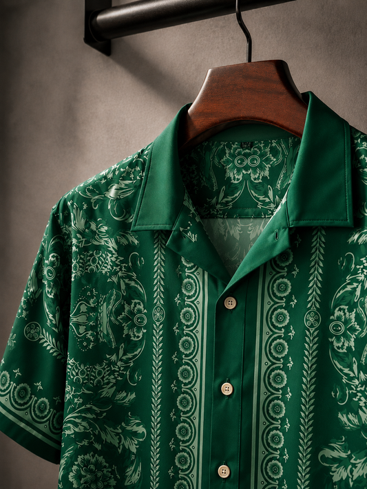 Men's Printed Cuban Shirt-Green-HS-17