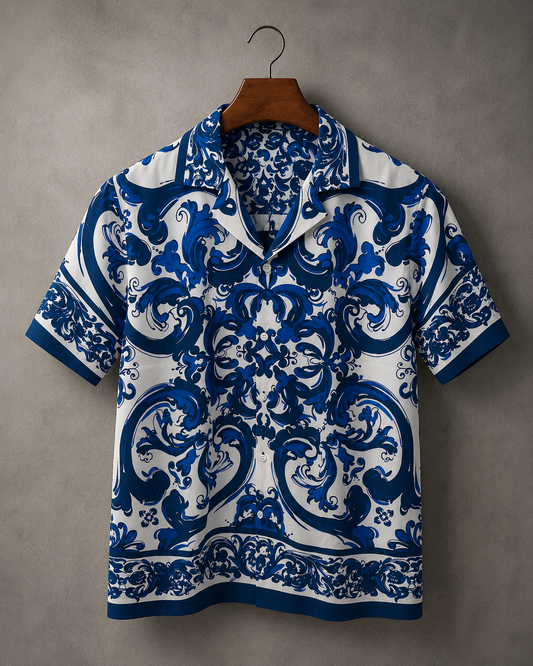 Men's Printed Cuban Shirt-Blue-HS-19