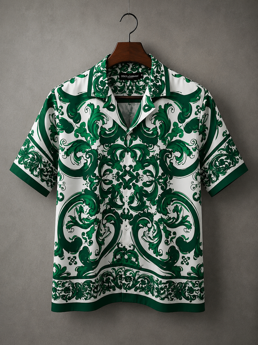 Men's Printed Cuban Shirt-Green-HS-19