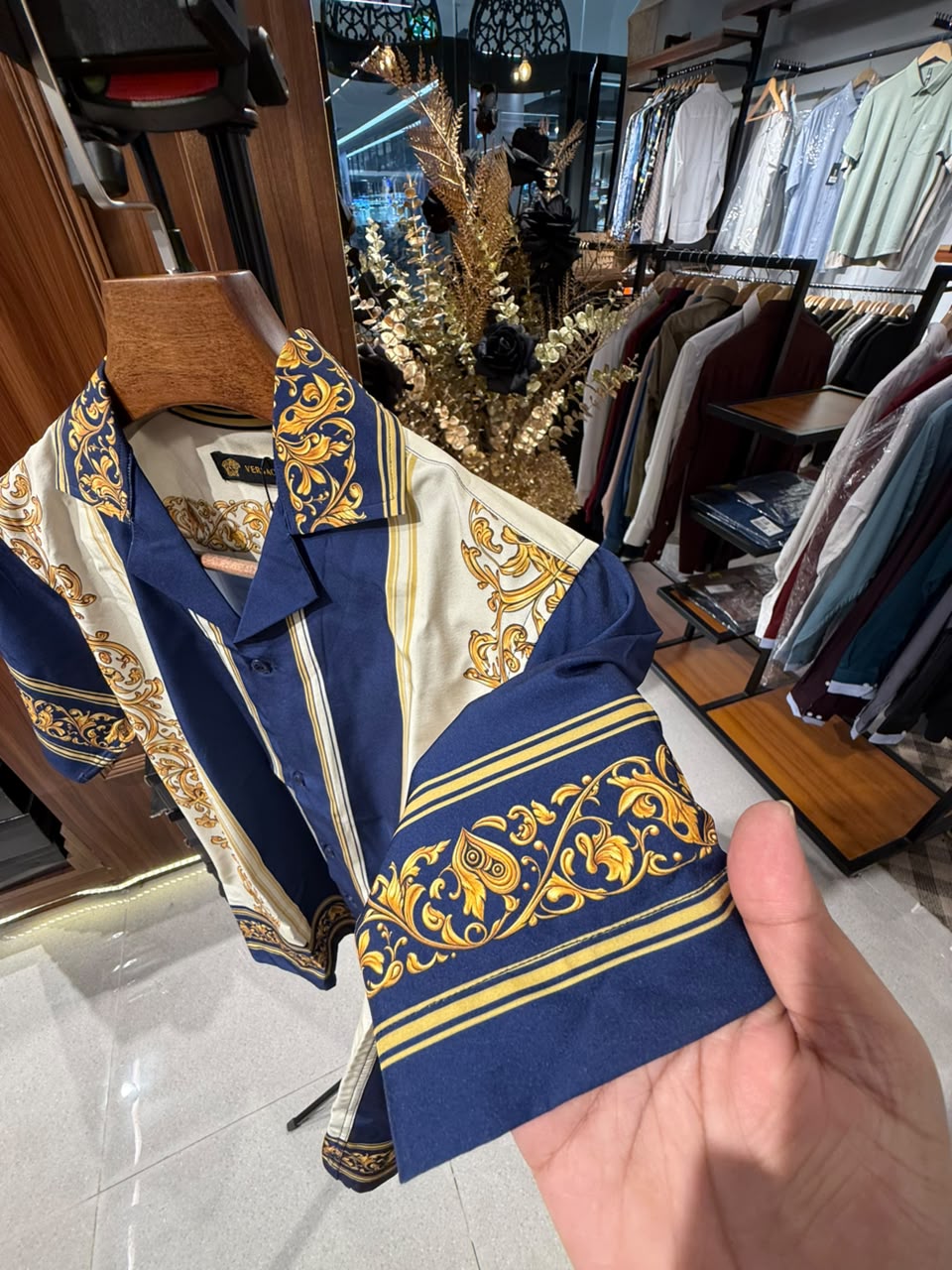 Men's Printed Cuban Shirt-Blue & Gold-HS-25