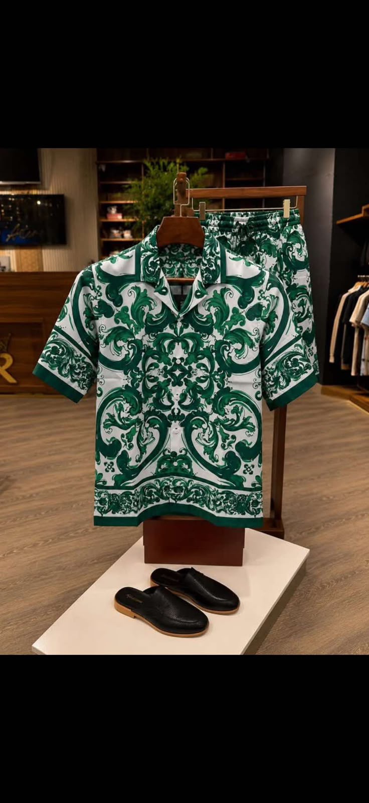 Men's Printed Cuban Shirt-Green-HS-19