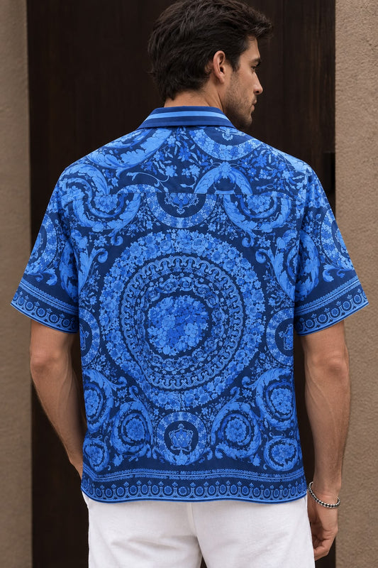 Men's Printed Cuban Shirt-Beige-HS-23