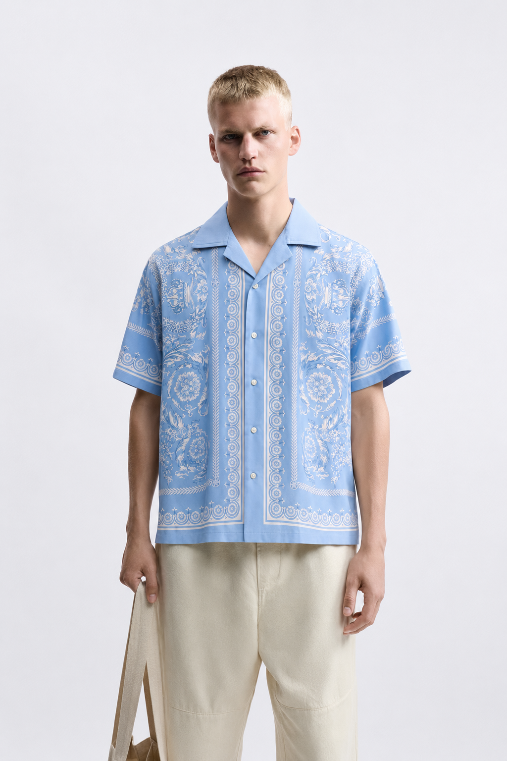 Men's Printed Cuban Shirt-Sky Blue-HS-17