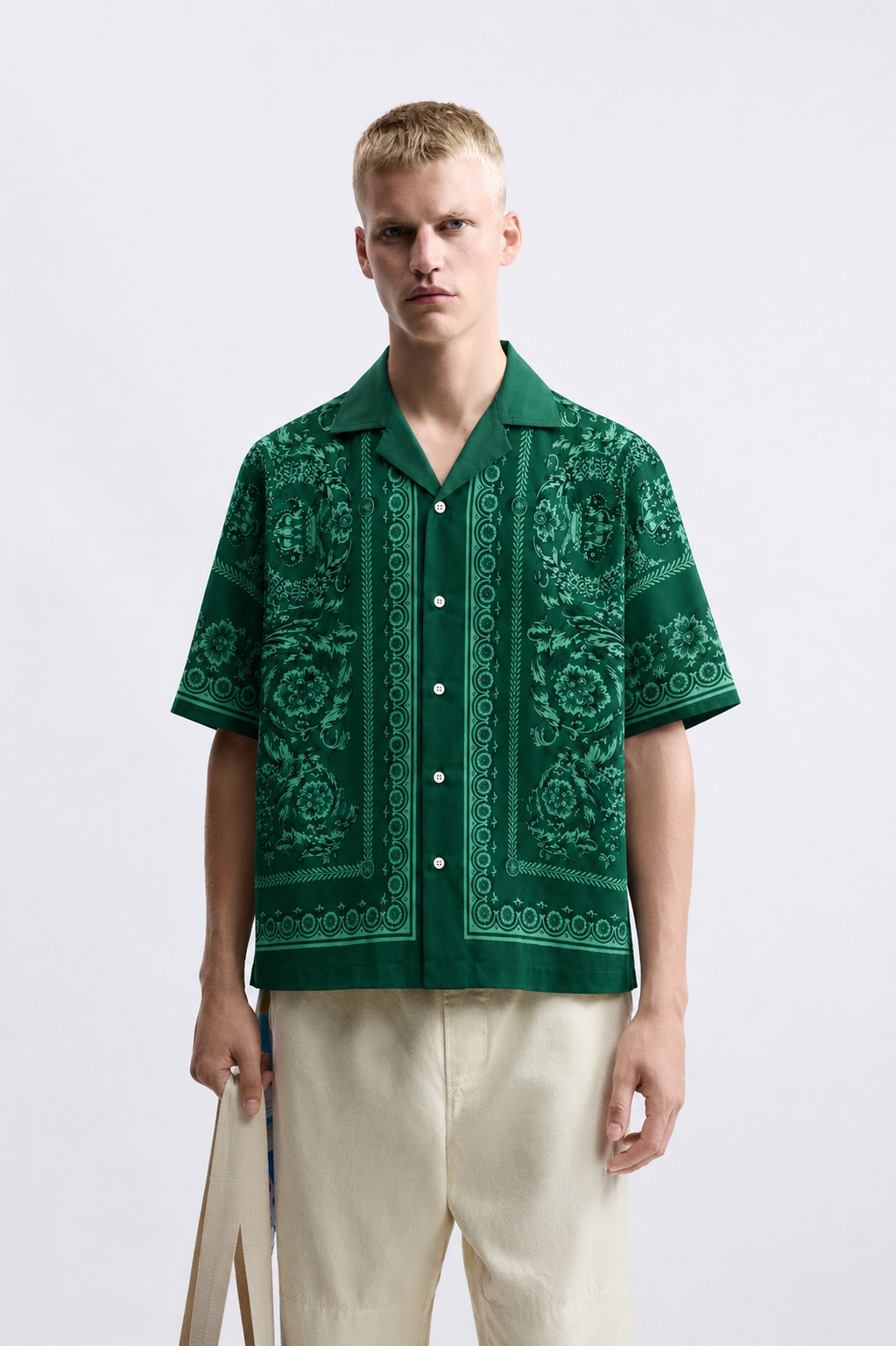 Men's Printed Cuban Shirt-Green-HS-17