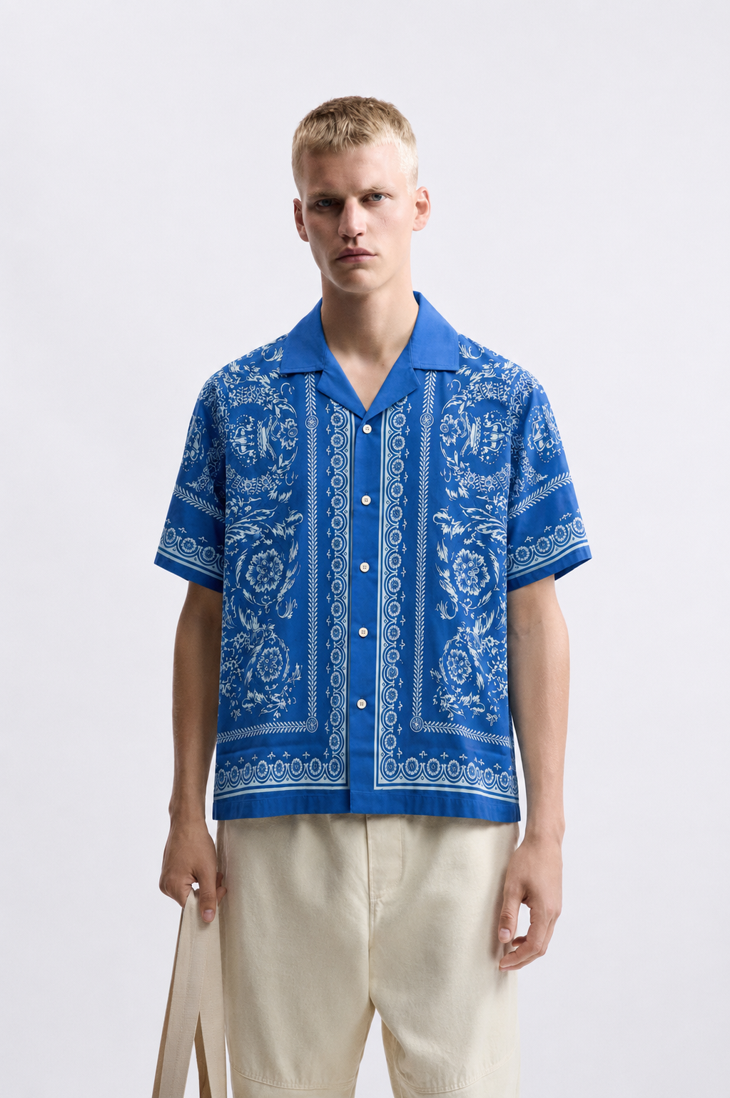 Men's Printed Cuban Shirt-Blue-HS-17