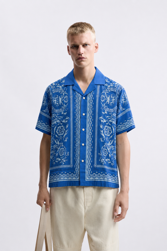 Men's Printed Cuban Shirt-Blue-HS-17