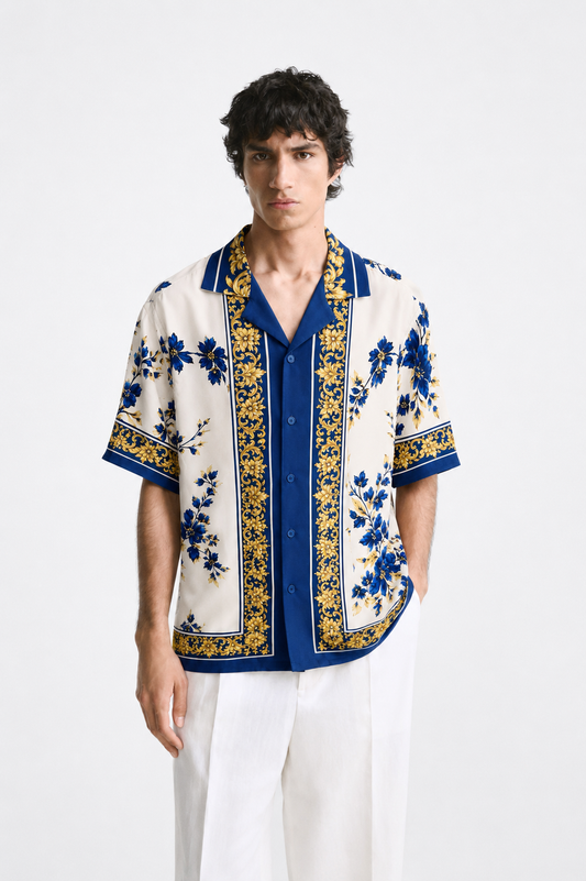 Men's Printed Cuban Shirt-White-HS-22
