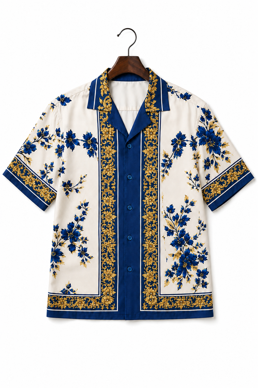 Men's Printed Cuban Shirt-White-HS-22