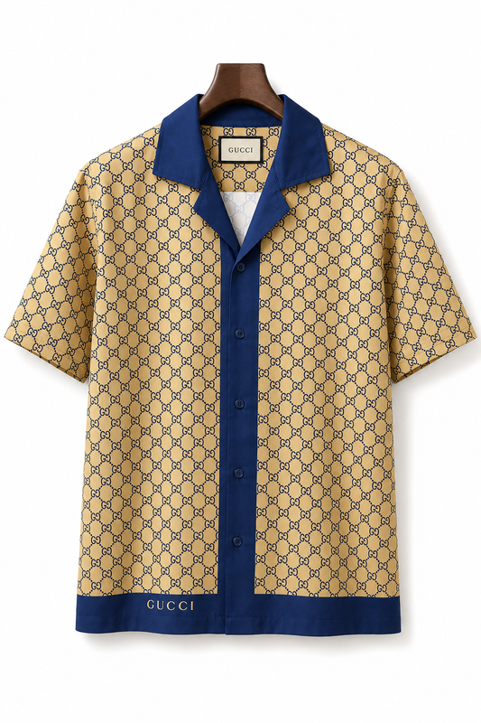 Men's Printed Cuban Shirt-Gold-HS-24