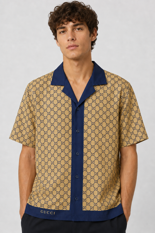 Men's Printed Cuban Shirt-Gold-HS-24