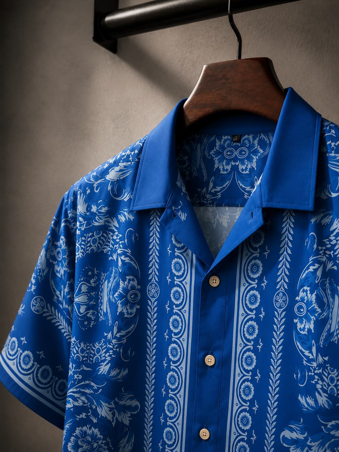 Men's Printed Cuban Shirt-Blue-HS-17