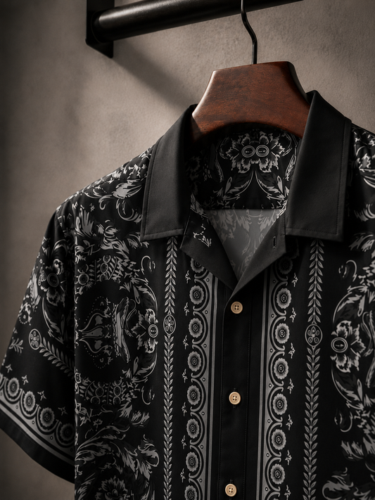 Men's Printed Cuban Shirt-Black-HS-17