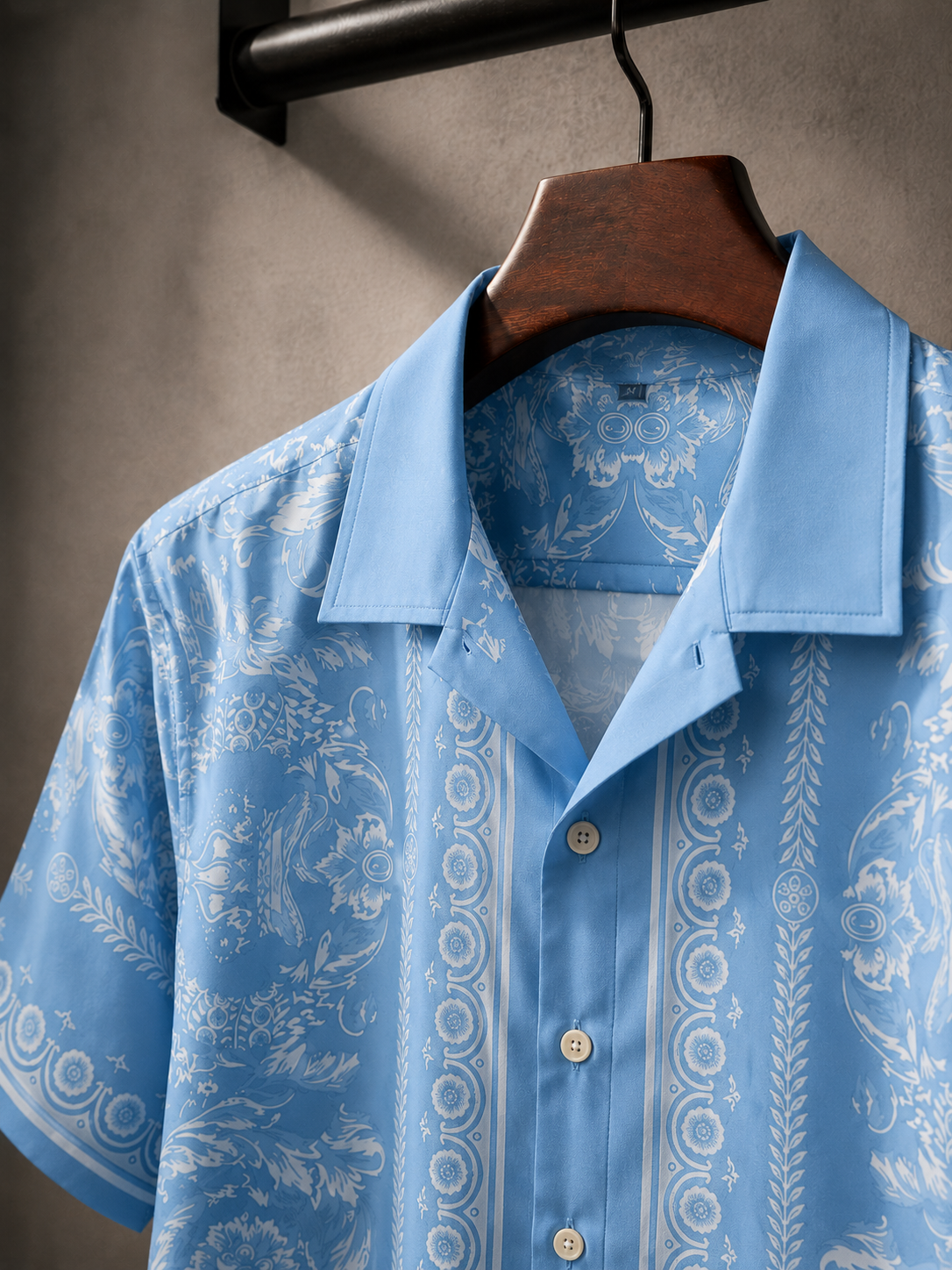 Men's Printed Cuban Shirt-Sky Blue-HS-17