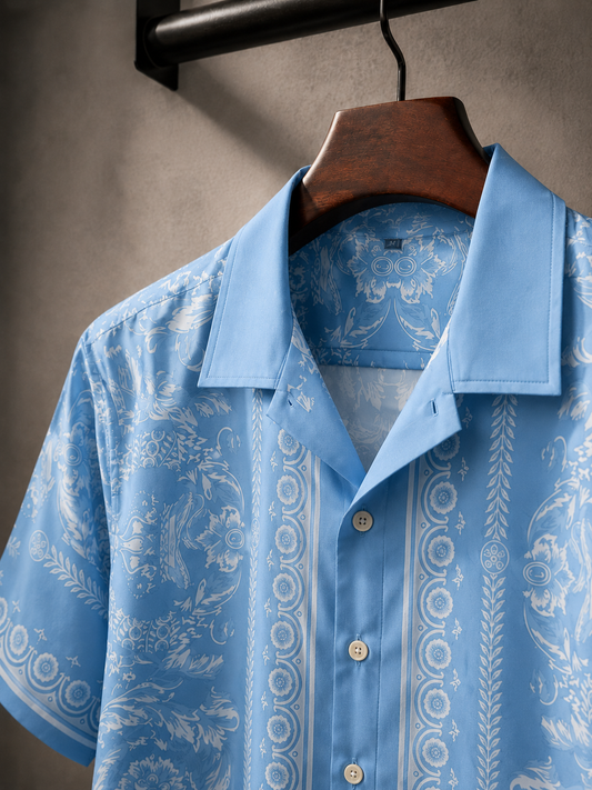 Men's Printed Cuban Shirt-Sky Blue-HS-17