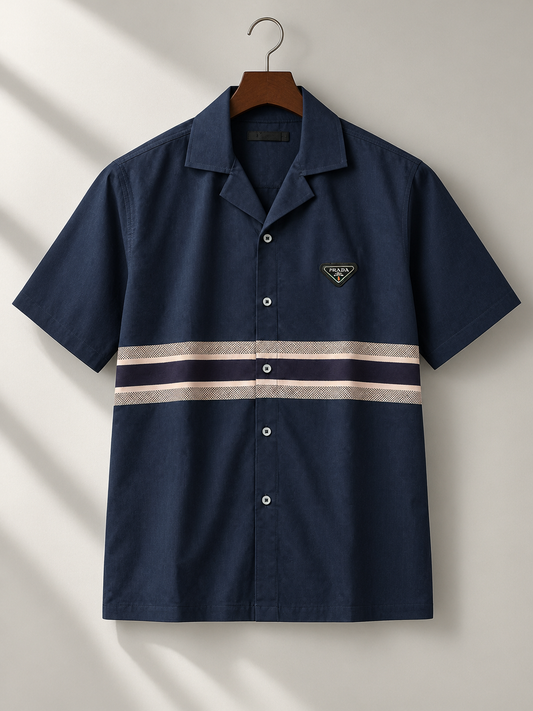 Men's Printed Cuban Shirt-Blue-HS-27