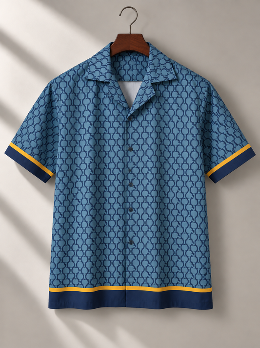 Men's Printed Cuban Shirt-Blue-HS-28