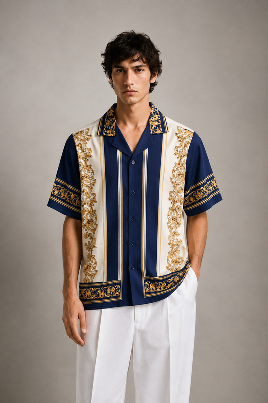 Men's Printed Cuban Shirt-Blue & Gold-HS-25