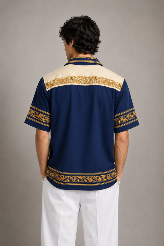 Men's Printed Cuban Shirt-Blue & Gold-HS-25