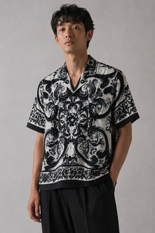 Men's Printed Cuban Shirt-Black-HS-19