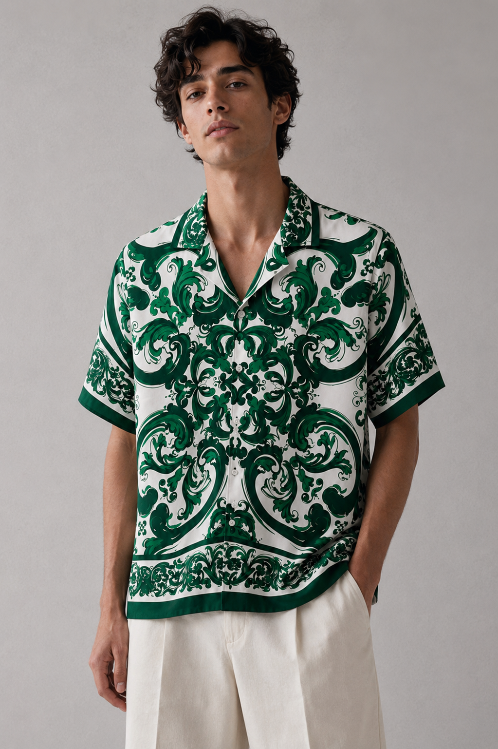 Men's Printed Cuban Shirt-Green-HS-19