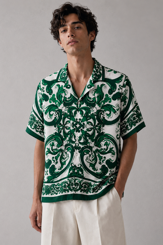 Men's Printed Cuban Shirt-Green-HS-19