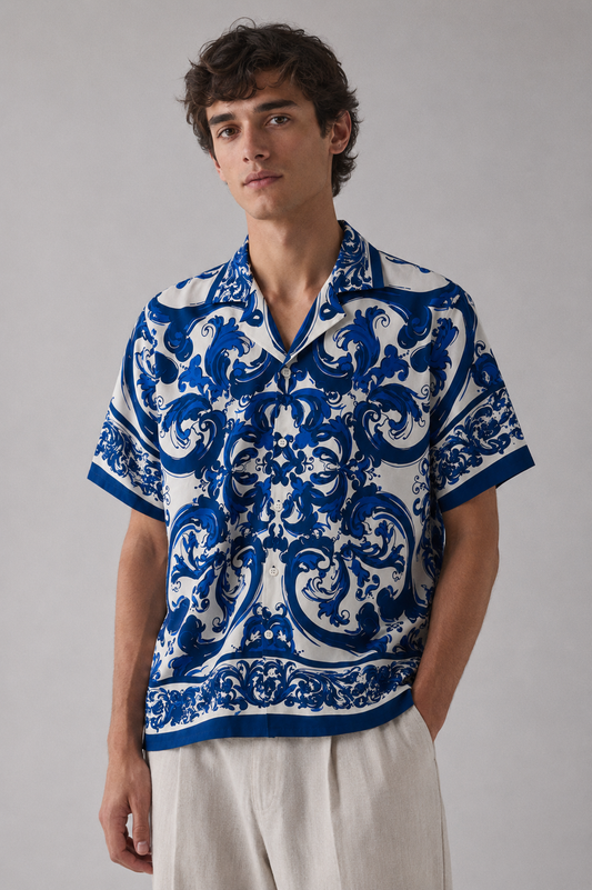 Men's Printed Cuban Shirt-Blue-HS-19