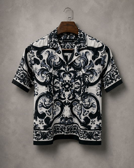 Men's Printed Cuban Shirt-Black-HS-19