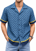 Men's Printed Cuban Shirt-Blue-HS-28