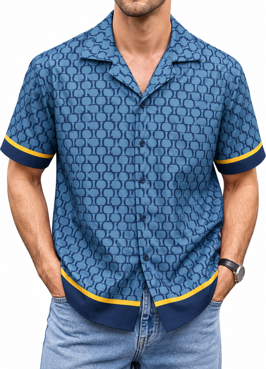 Men's Printed Cuban Shirt-Blue-HS-28