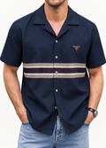 Men's Printed Cuban Shirt-Blue-HS-27