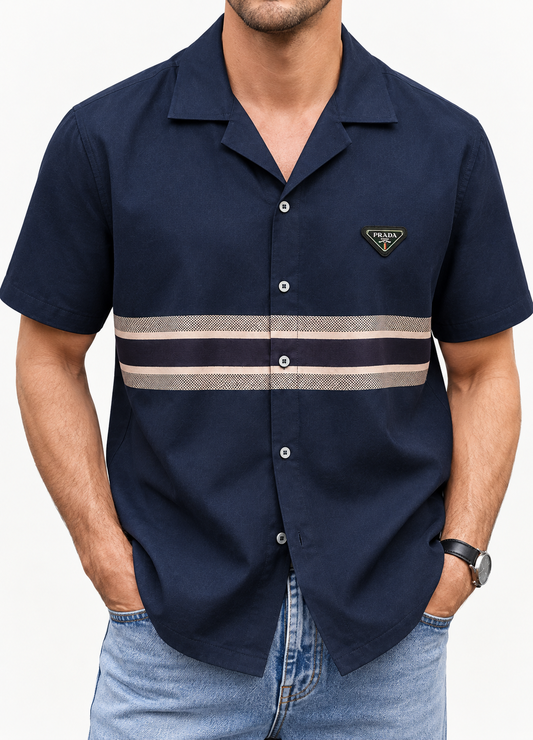 Men's Printed Cuban Shirt-Blue-HS-27