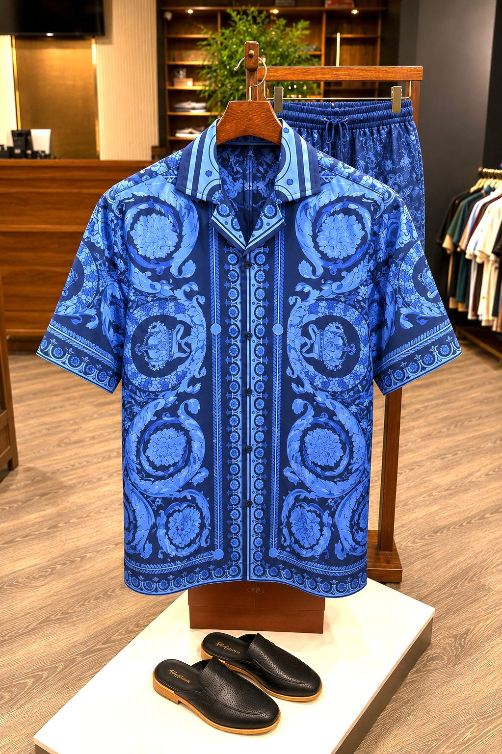 Men's Printed Cuban Shirt-Beige-HS-23