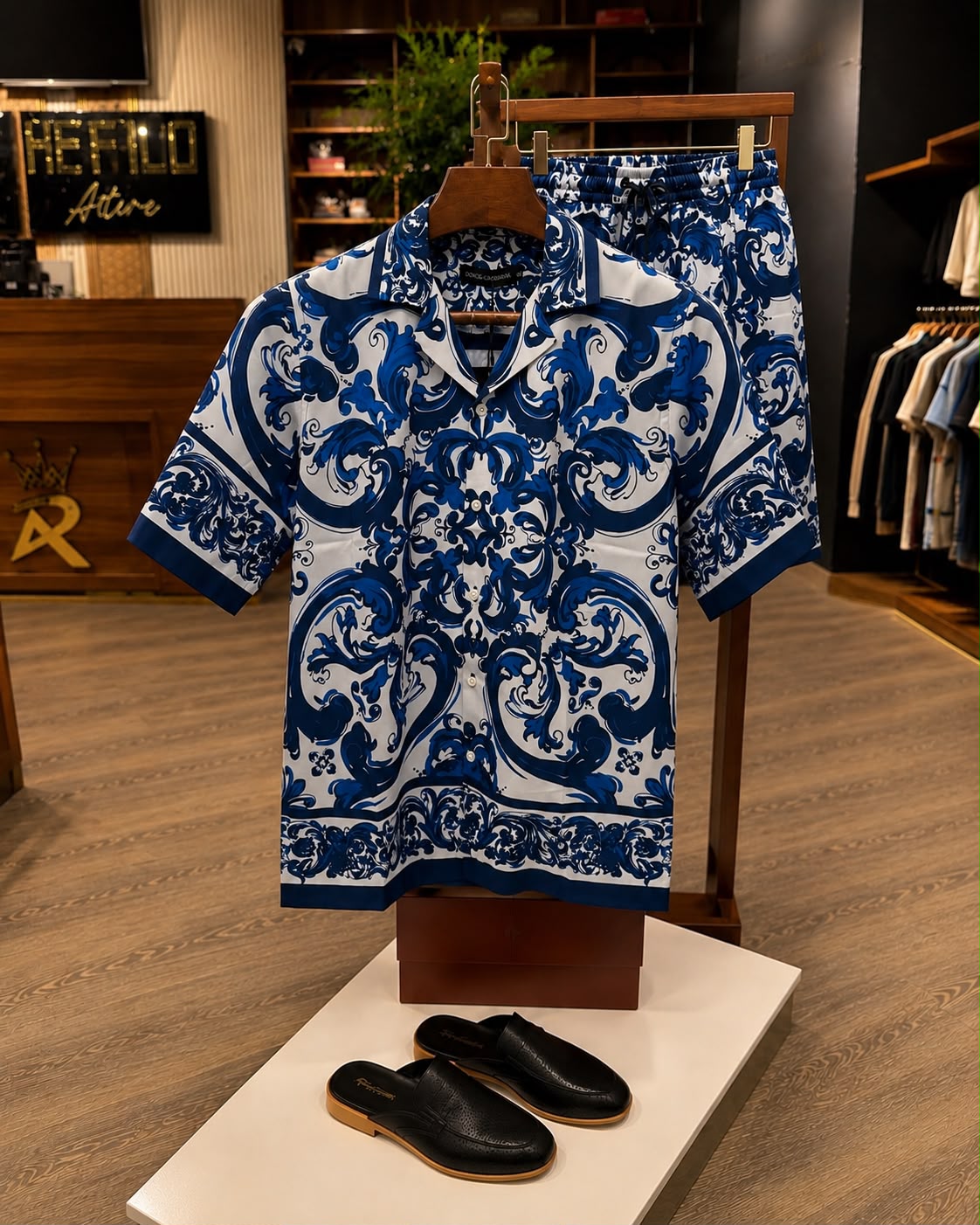 Men's Printed Cuban Shirt-Blue-HS-19