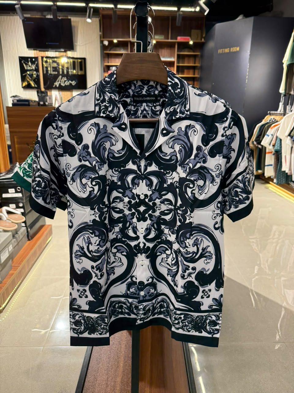 Men's Printed Cuban Shirt-Black-HS-19