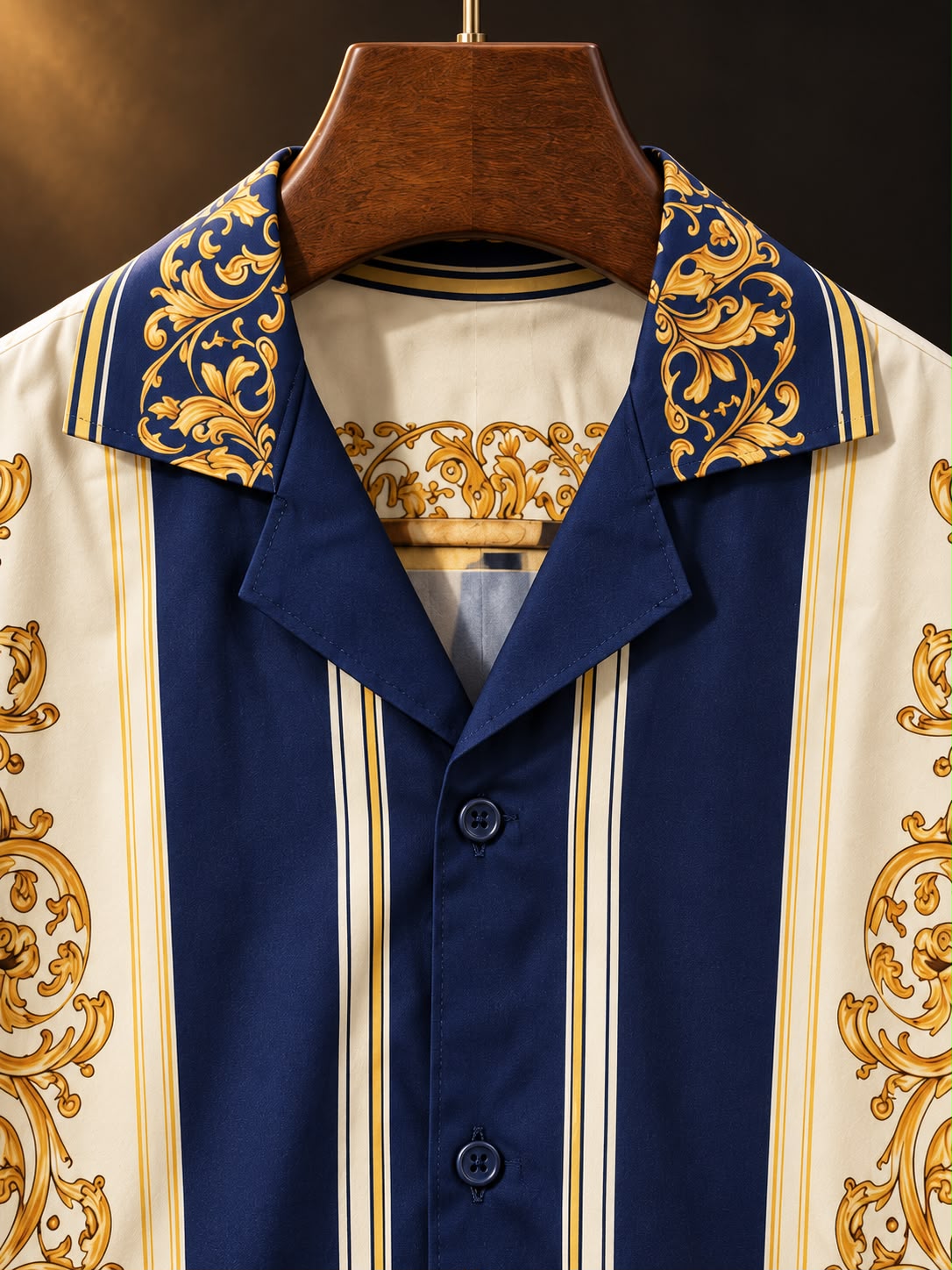 Men's Printed Cuban Shirt-Blue & Gold-HS-25