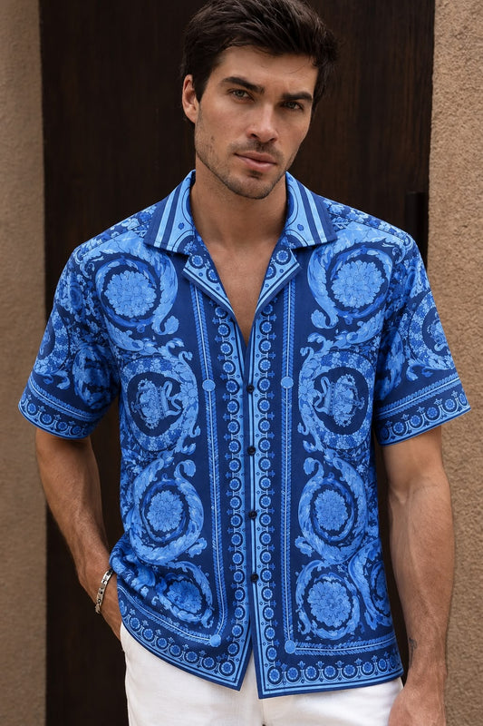 Men's Printed Cuban Shirt-Beige-HS-23