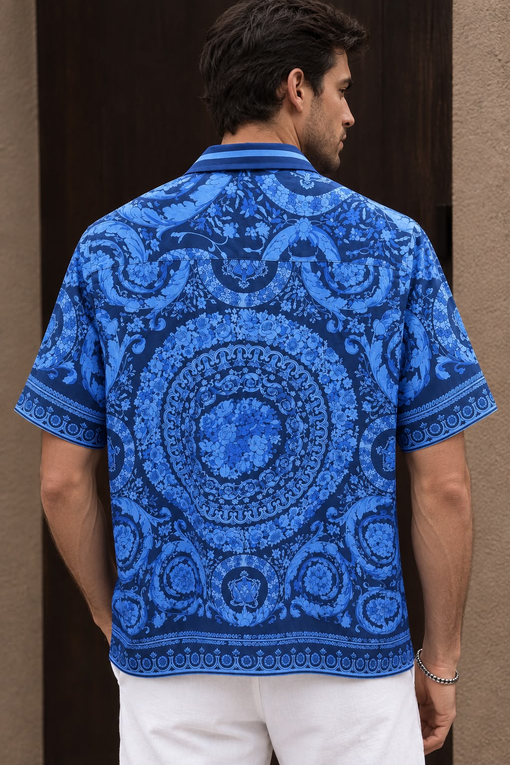 Men's Printed Cuban Shirt-Beige-HS-23